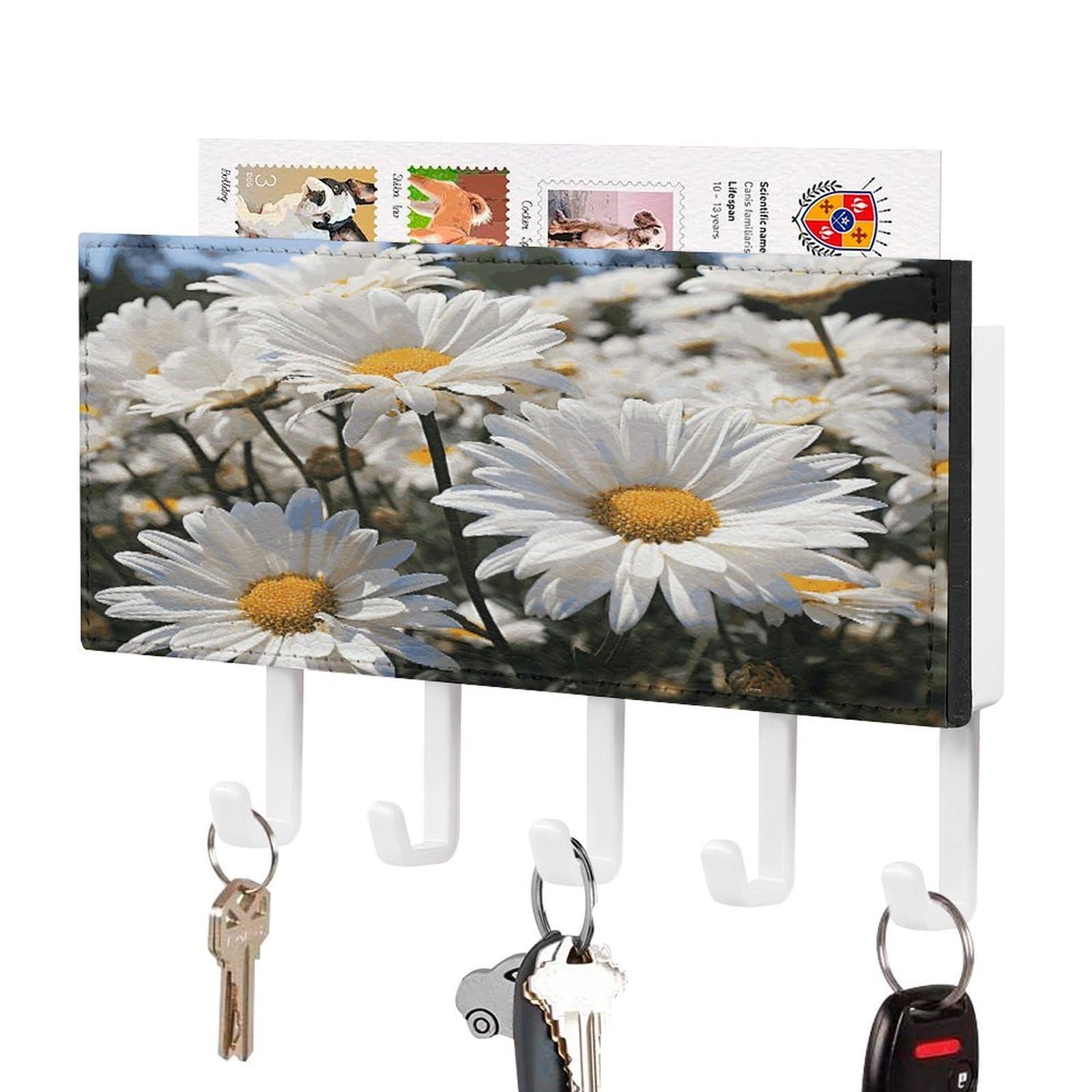 MUSM Wild White Daisies Key Holder for Wall,Mail Organizer Wall Mount with 5 Hooks,Easy Installation Key Rack for Home Decor, Hallway, Entryway, Appartment