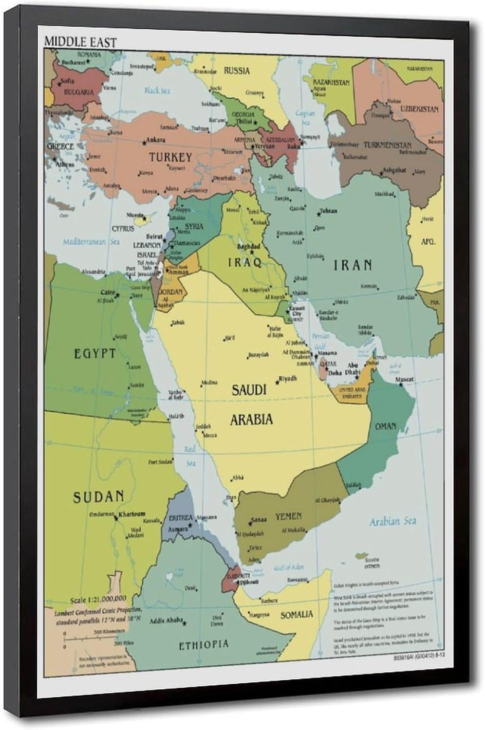 CFIOZYOS CIA Map of Middle East Iraq Iran Israel 2010 Canvas Poster Bedroom Decor Sports Landscape Office Room Decor Gift Black Frame 12x18in