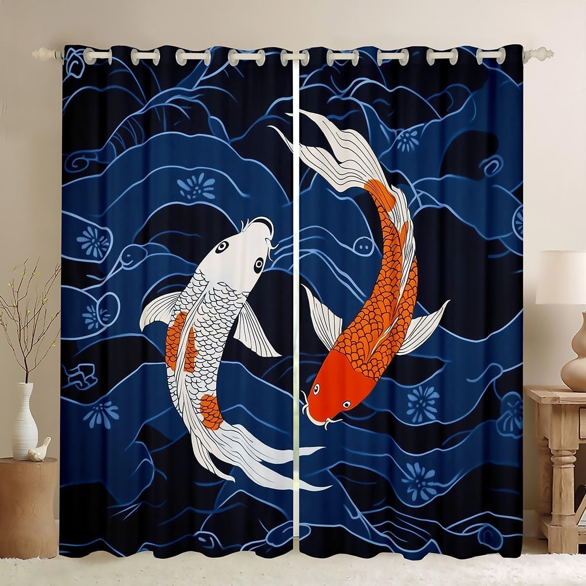 Feelyou Kids Koi Fish Curtains for Bedroom (2 Panels, 52 x 90 Inch) Boys Girls Japanese Ocean Sea Wave Blackout Curtains Japanese Style Darkening Drapes Fish Pattern Window Treatments