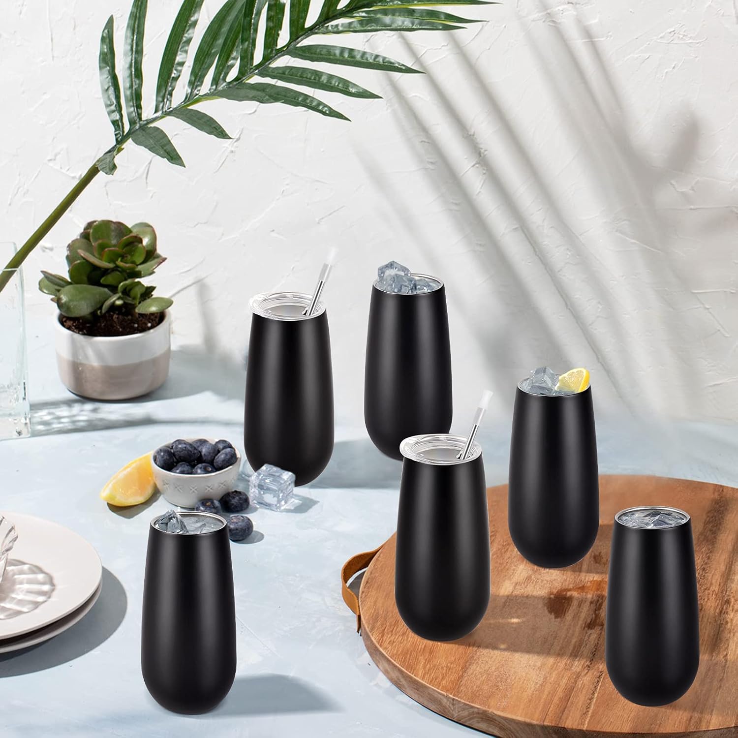 6 Pack Stemless Double Insulated Champagne Flute Tumbler with Lid, 6 Oz Unbreakable Reusable Cocktail Cups Champagne Toasting Glasses, Birthday Christmas Gifts for Friends, Wine Glass Tumbler, Black - Image 3