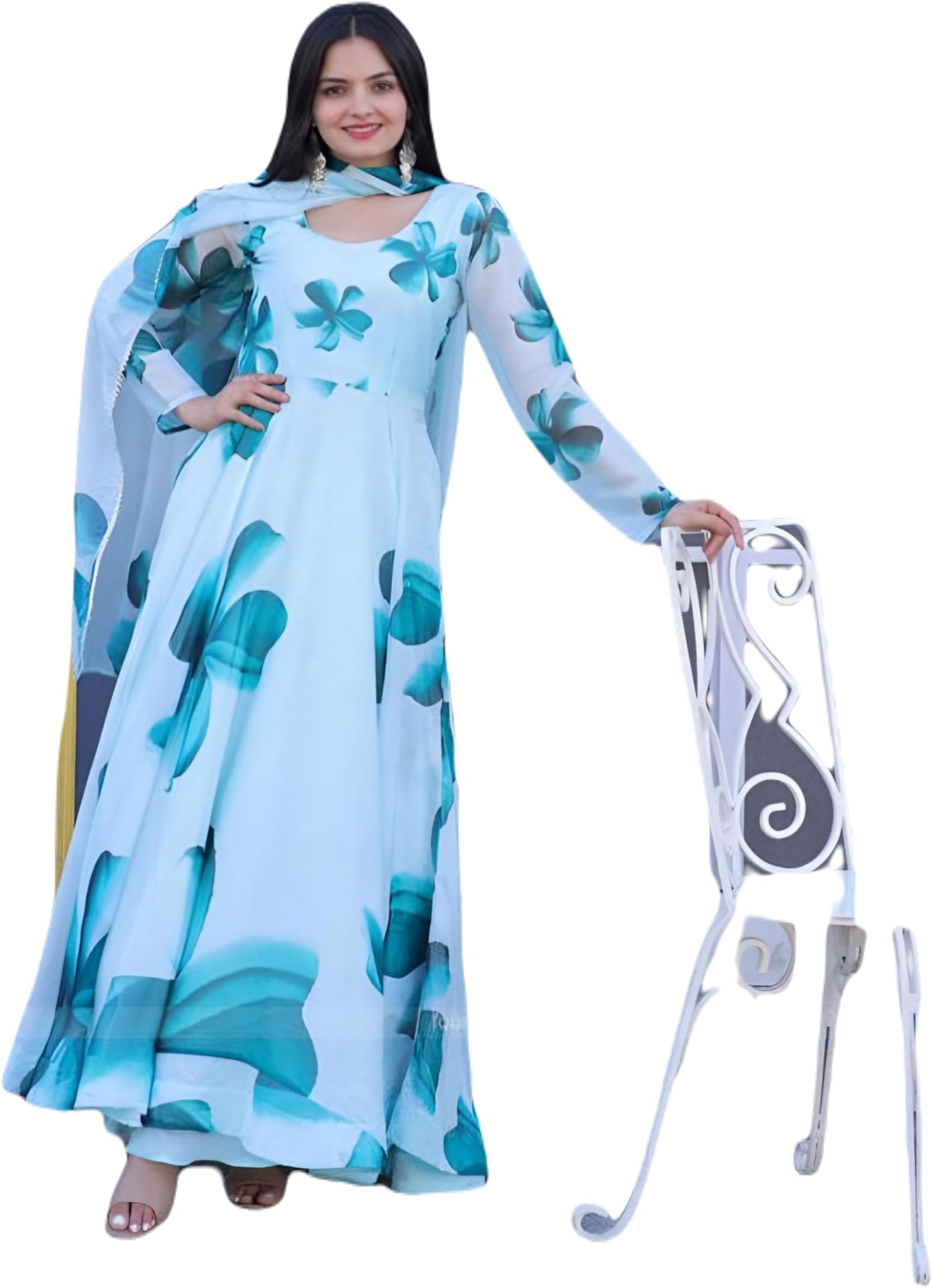 GOPICREATION Women's Floral Print Geogettge Regular Fit Full Sleeve Lightweight Ethenic Wear Only Gown+Dupatta (G_E_0102)