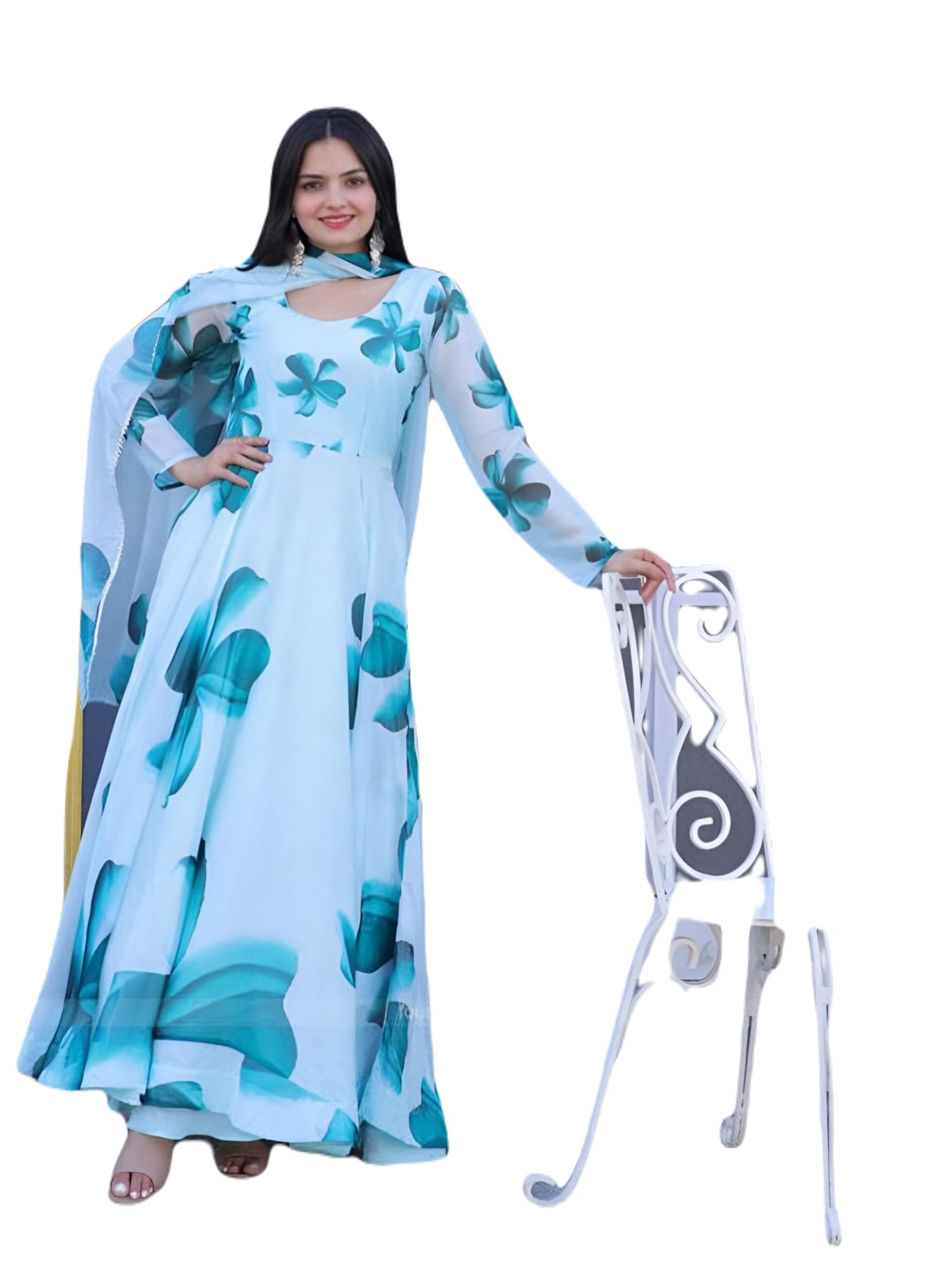 GOPICREATION Women's Floral Print Geogettge Regular Fit Full Sleeve Lightweight Ethenic Wear Only Gown+Dupatta (G_E_0102)