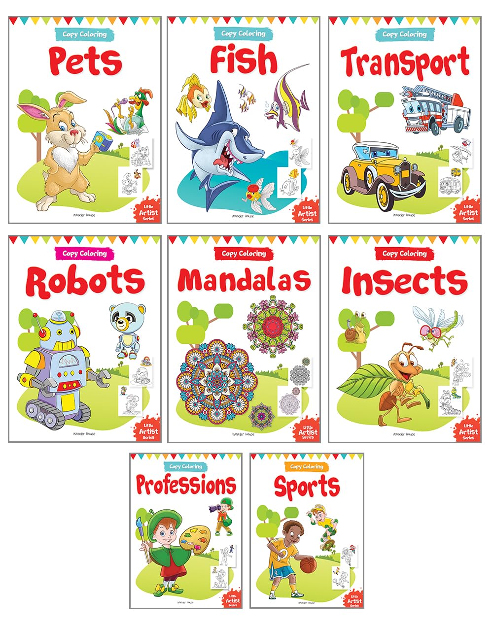 Let's Color: Copy Color Art Pack of 8 Books (Transport, Professions, Pets, Fish, Insects, Robots, Mandalas and Sports) - 3 years to 8 years