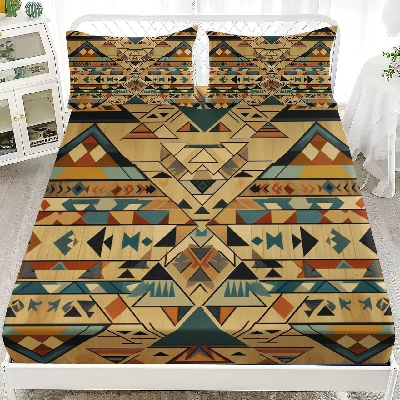 Geometry Fitted Sheet Abstract Bed Sheets Deep Pocket 12 inch (30 cm) Soft Cozy 3 Piece Microfibre Bed Sheet 200x200 cm with 2 Pillowcases 50x75 cm