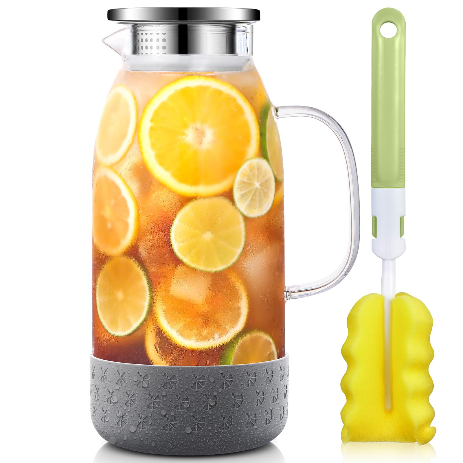Glass Jug, ZBUFAN 2L Large Glass Water Jug with Lid, Borosilicate Water Carafe with Silicone Base, Heat Resistant Juice Pitcher for Fridge, Jugs with Lids, Grey