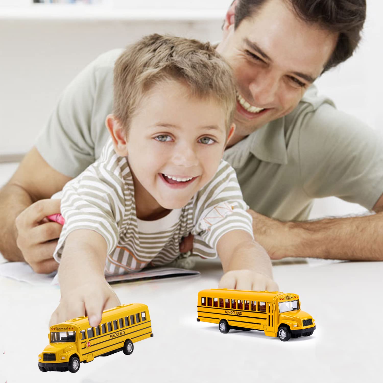 Paquete de 2 juegos de autobús escolar de 5.5 pulgadas, vehículos de juguete de metal fundido a presión con amarillo para niños pequeños 7