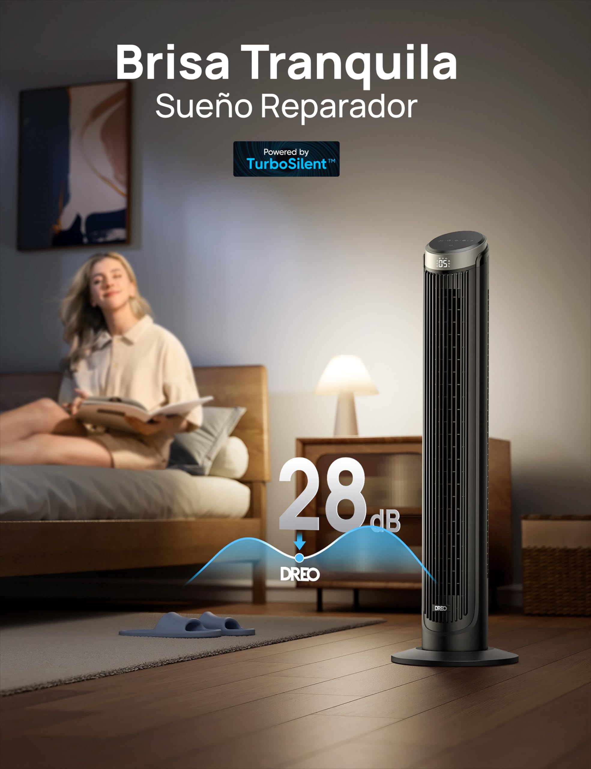 Dreo Smart Ventilador de Torre Silencioso, Oscilación de 90°, Ventilador de Pie para Dormitorio, 7.9 m/s, 5 Velocidades, 4 Modos, Táctil/Mando/App & Control por Voz, Alexa, Temporizador 12H, Plateado