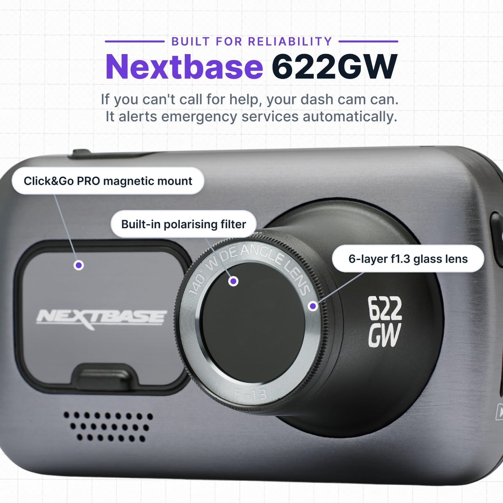 Nextbase Kamera samochodowa 622 GW Full 4K/30 kl./s UHD nagrywanie w samochodowej kamerze DVR - 140° z przodu - Wi-Fi, GPS, Bluetooth - super zwolnione tempo @ 120 kl./s - stabilizacja obrazu -