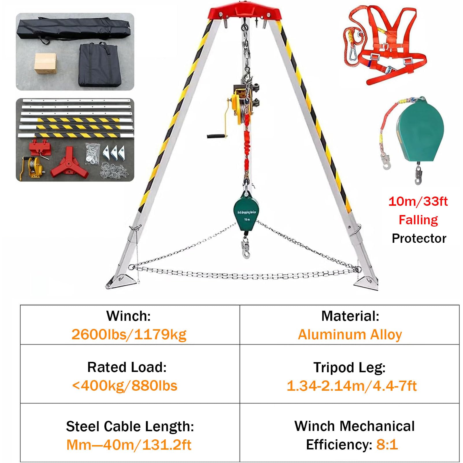RayGenius Kit De TríPode para Espacios Confinados, TríPode De Rescate para Espacios Confinados De Alta Resistencia, TríPode De Rescate para Espacios Confinados con CinturóN De Seguridad.,1200LBSWinch