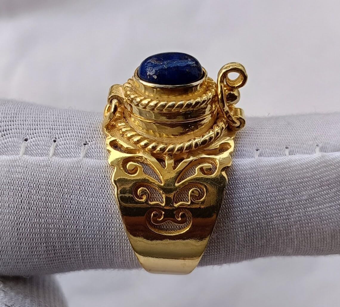 Natural Lapis Lazuli Poison Box Ring - Lipbam - Lipstick Designer Blue Stone Birthstone Jewelry with Secret Locket for Healing Crystals & Messages