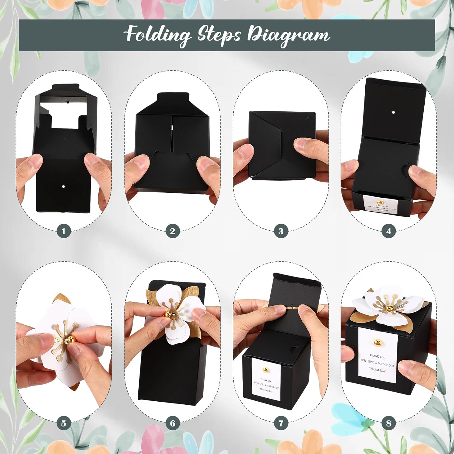 Affrolling 50 Pcs Wedding Favor Boxes with Thanks Card Square Flower Candy Boxes Paper Bridal Gift Box for Guests Wedding Bridal Shower Birthday Party Anniversary(Black) - Image 4