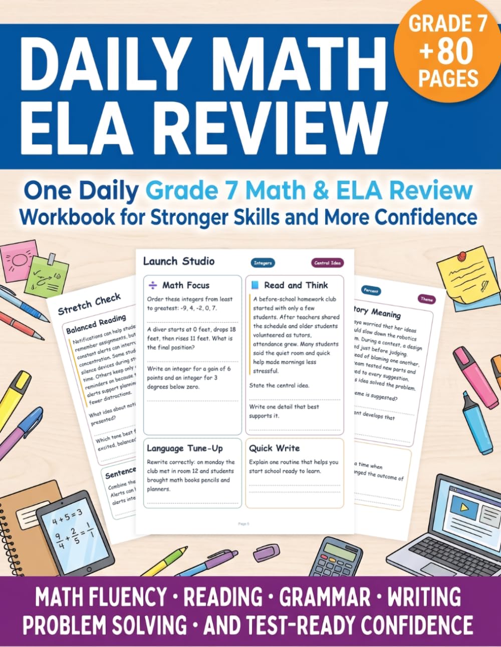 Daily Math ELA Review Grade 7: Daily Spiral Practice, Morning Work, Common Core Skills, Reading, Writing, Problem Solving, and Independent Practice (Daily Math Spiral Review 1 to 12 Grades)
