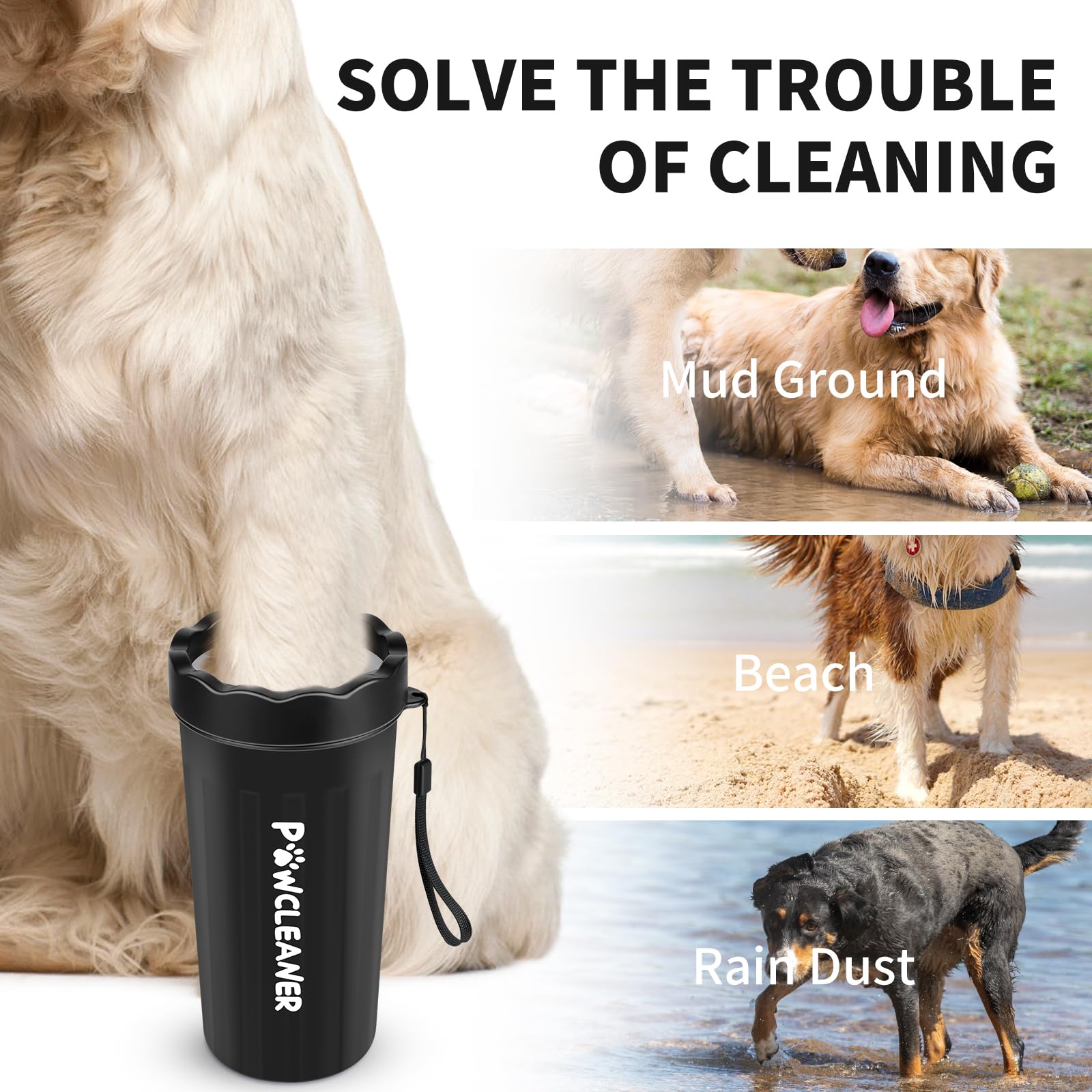 Comotech Limpiador de patas de perro con cepillo de baño y 3 toallas absorbentes, mango de anillo ajustable para perros y gatos de pelo largo y corto (grande, negro)