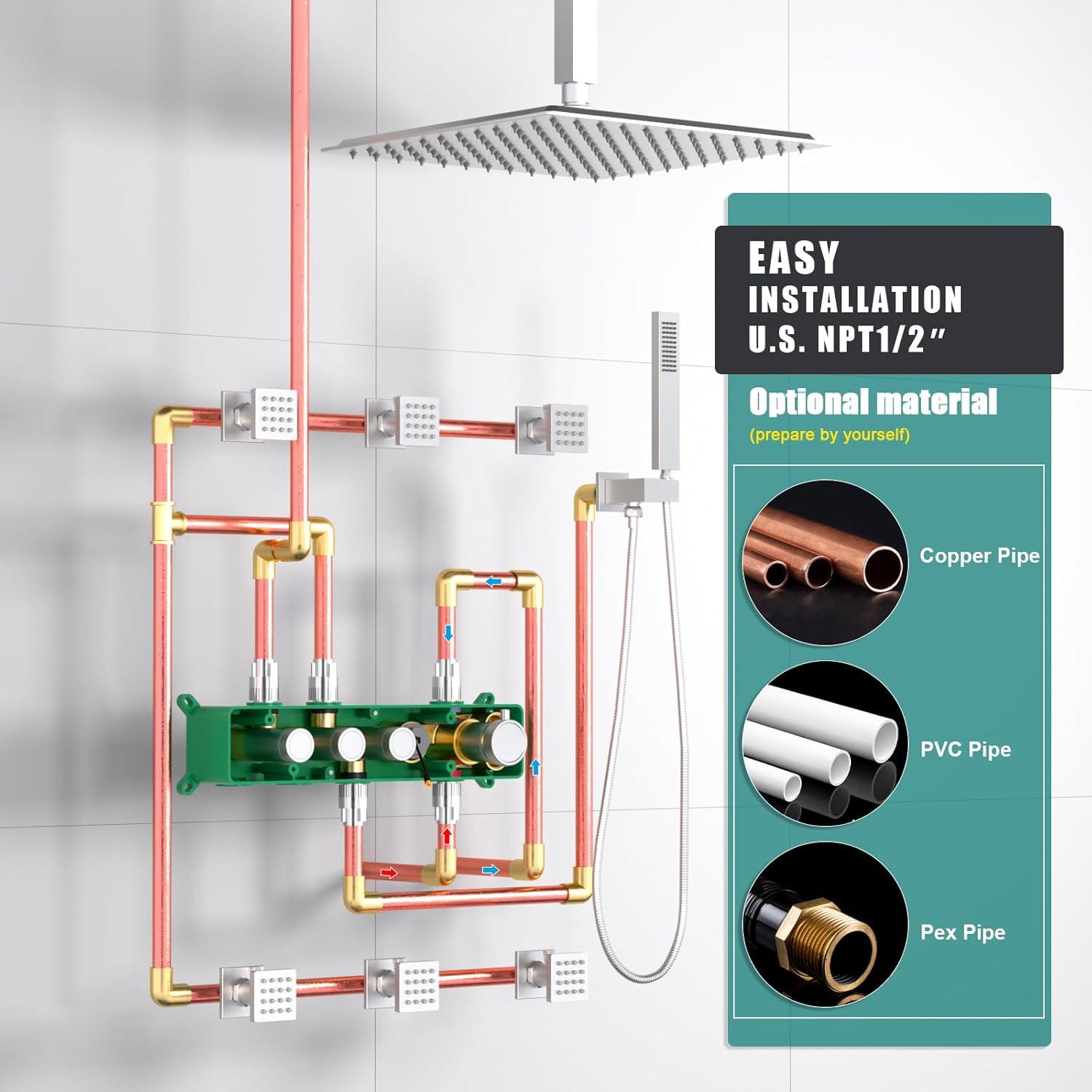 Temperature-Display Shower System with Body Jets, 16 Inch Rainfall Shower with Push-button Thermostatic Valve and Independent Flow Control, Brushed Nickel
