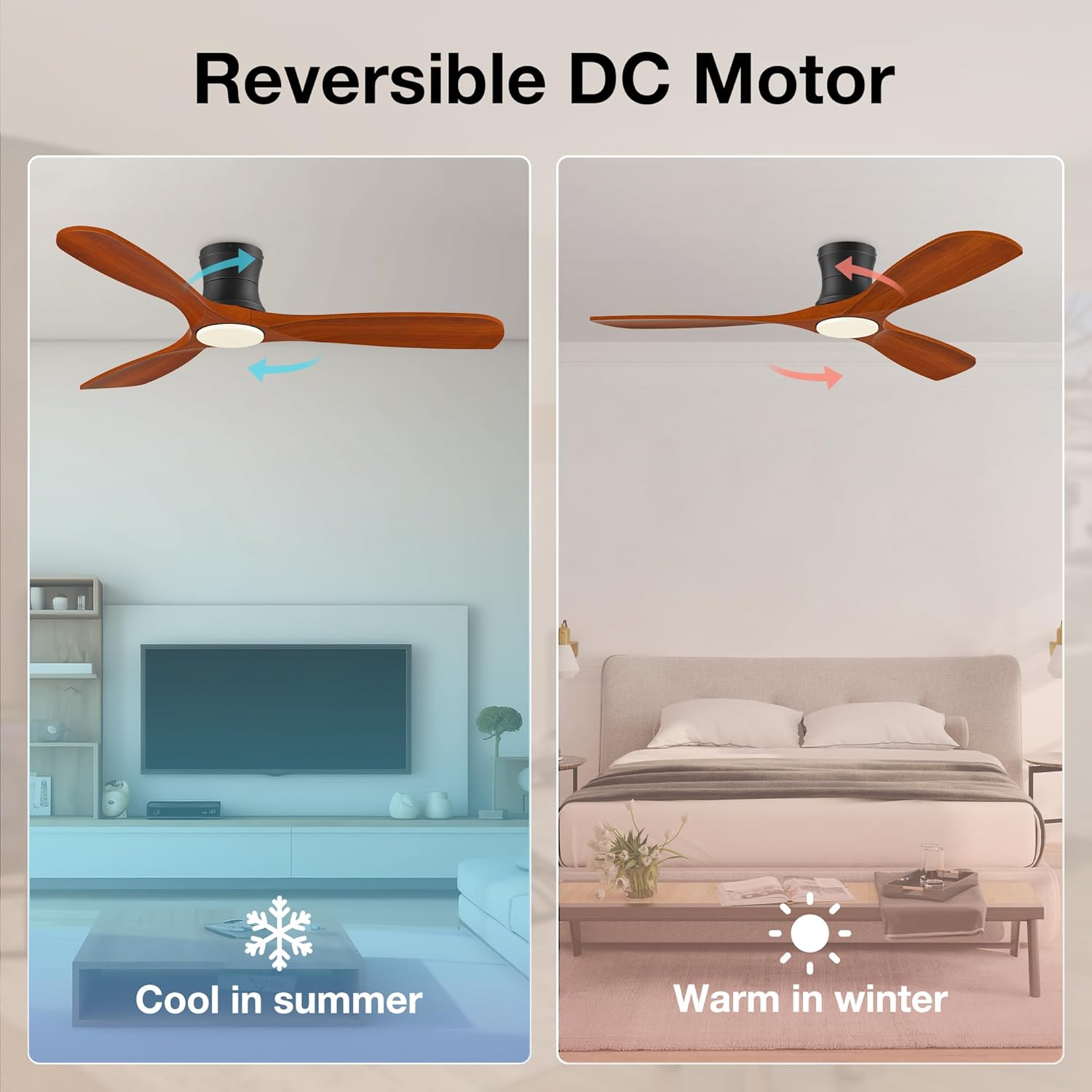 Hoenofly Smart 52” Wood Flush Mount Ceiling Fans with Lights Remote,Quiet DC Motor,Outdoor Indoor Low Profile Ceiling Fan,Voice Contorl with WIFI Alexa App Control,Modern fan for Bedroom Patio
