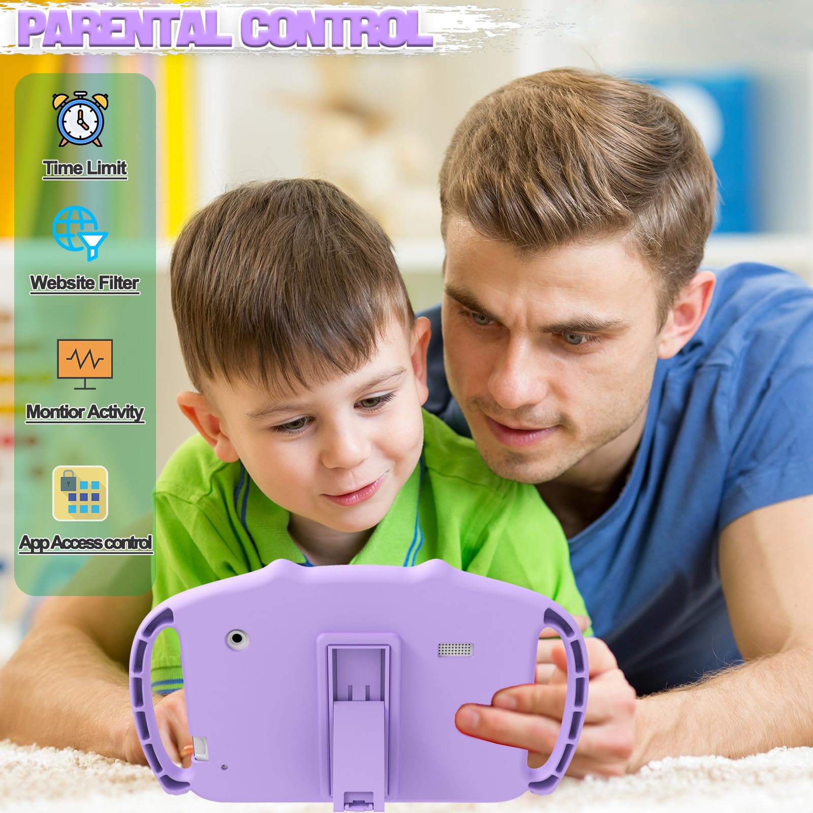 Ascrecem Tablet dla dzieci 7 cali, tablet dotykowy dla dzieci z WiFi, 2 GB RAM, 32 GB ROM, Android, tablet edukacyjny z kontrolą rodzicielską, gry edukacyjne, odporne na wstrząsy, 3-14 lat (Fioletowy