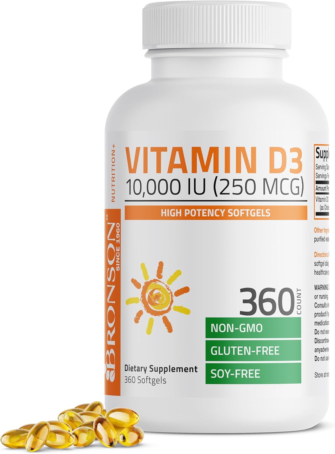 Bronson Vitamin D3 10,000 IU (250 mcg) High Potency - Supports Healthy Immune System, Strong Bones, Muscles &amp; Teeth - Non GMO, 360 Softgels (1 Year Supply)
