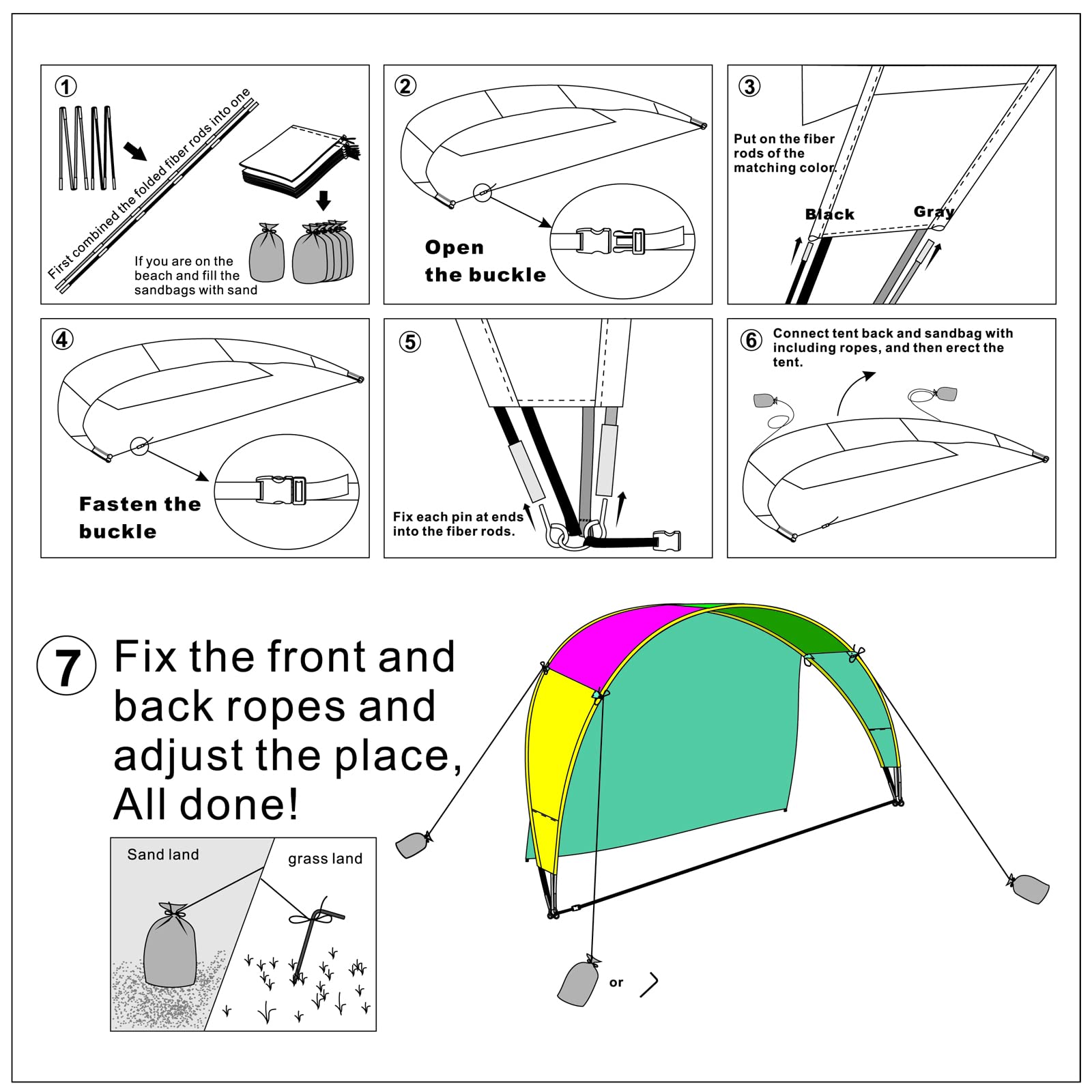 Beach Tent Sun Shelter Rainbow Colorful Suncover, Beach Sun Shade, Wind Powered Beach Shade for 4-6 Person
