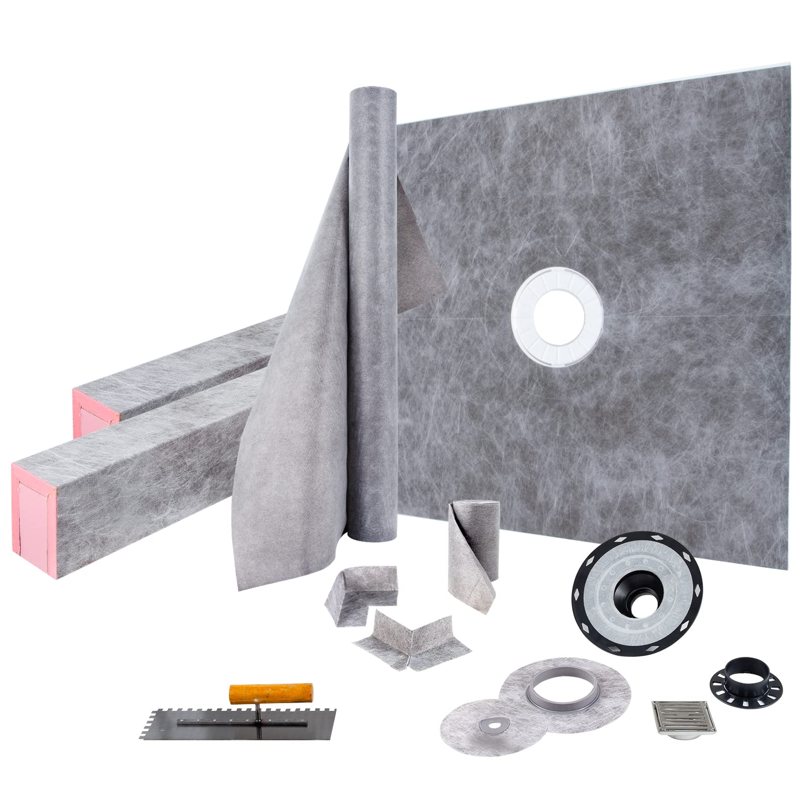VEVOR Shower Curb Kit, 48"x48" Watertight Shower Curb Overlay with 4" PVC Central Bonding Flange, 4" Stainless Steel Grate, 2 Cuttable Shower Curb and Trowel, Shower Pan Slope Sticks Fit for Bathroom