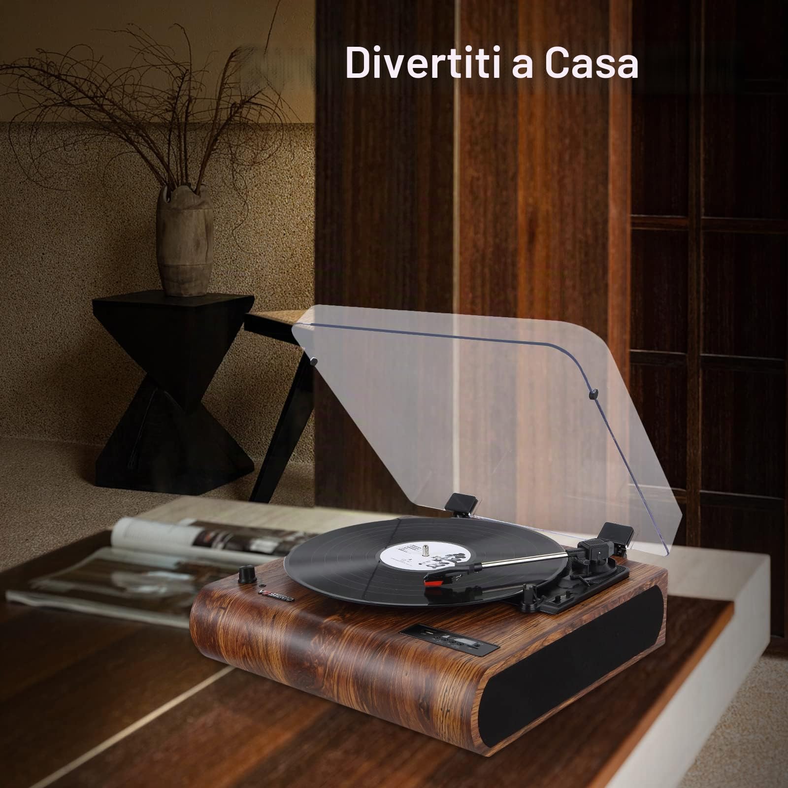 Vosterio Vinile Giradischi Bluetooth Portatile a Tre Velocità,Vintage con Altoparlanti Stereo Integrati, con Uscite RCA, Presa Cuffie, Radio FM, USB, Aux-in e display a LED
