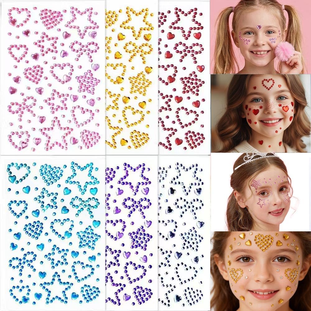 Star Face Gems Stickers - Hair Jewels Stickers Heart Bow Mixed Colors Self-Adhesive Rhinestone - for Women Eye Face Makeup (6 Sheets) Star Heart