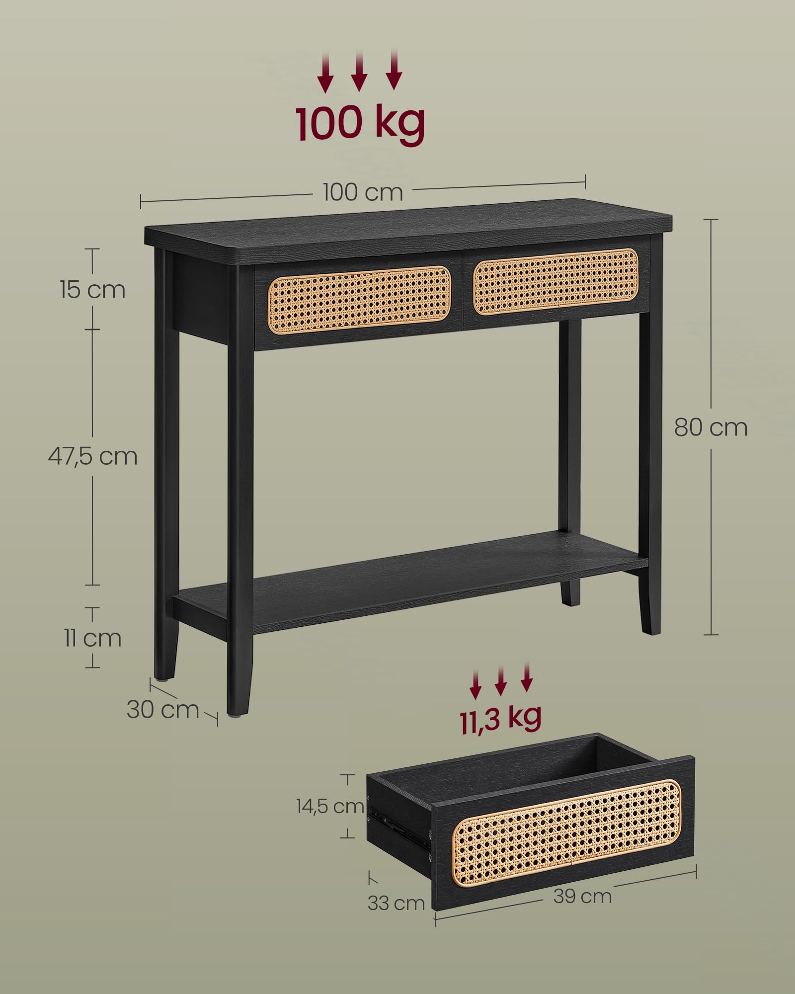 VASAGLE stolik konsolowy do przedpokoju, mebel przedpokojowy, wąski stolik sofa do salonu, z 2 szufladami, otwarta półka, zaokrąglone rogi, styl Boho, jesion czarny, LNT016B21