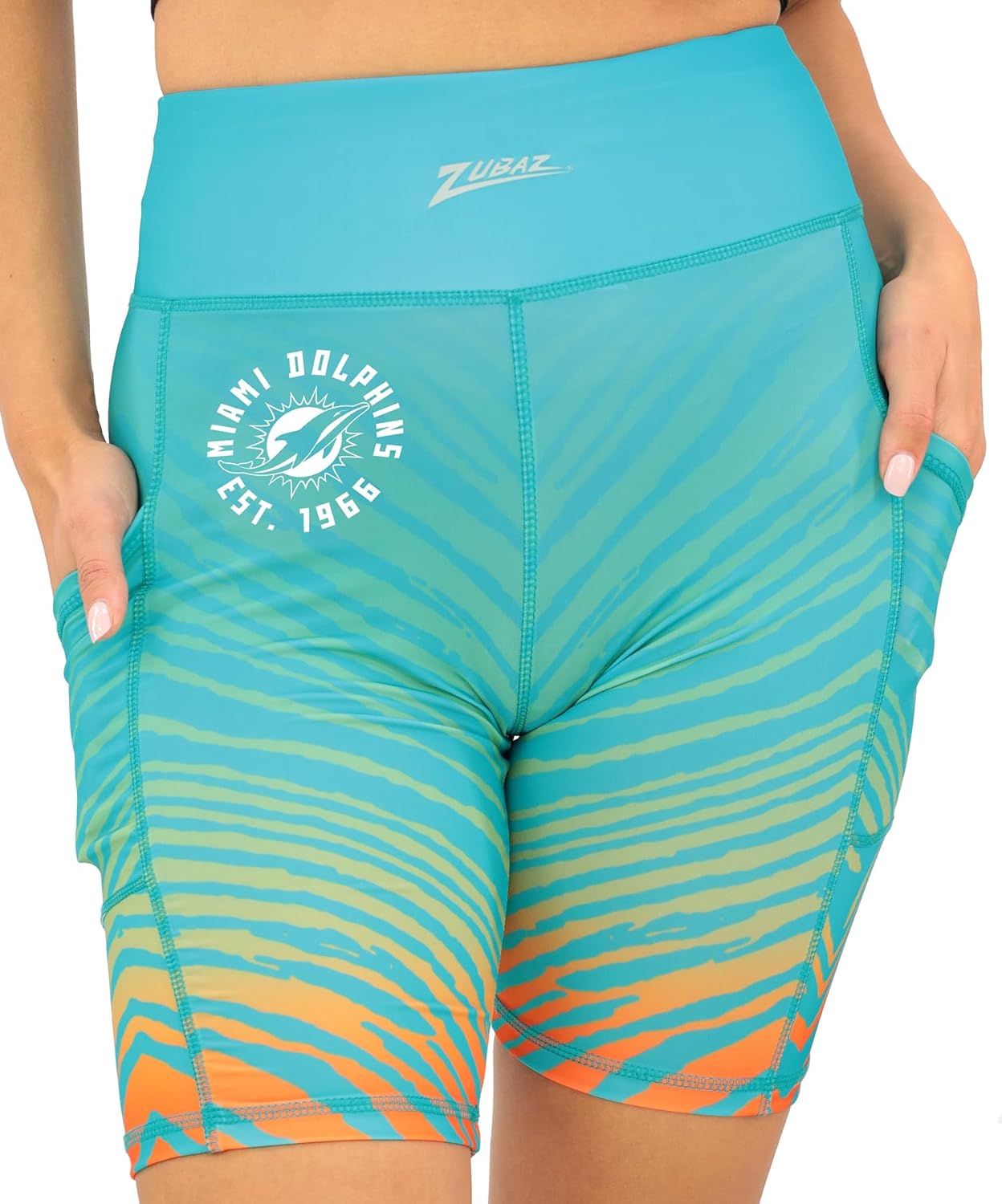 Zubaz NFL Women's 7" High Waist Powermesh Bike Shorts with Pockets in Multiple Styles (Small - 3XL)