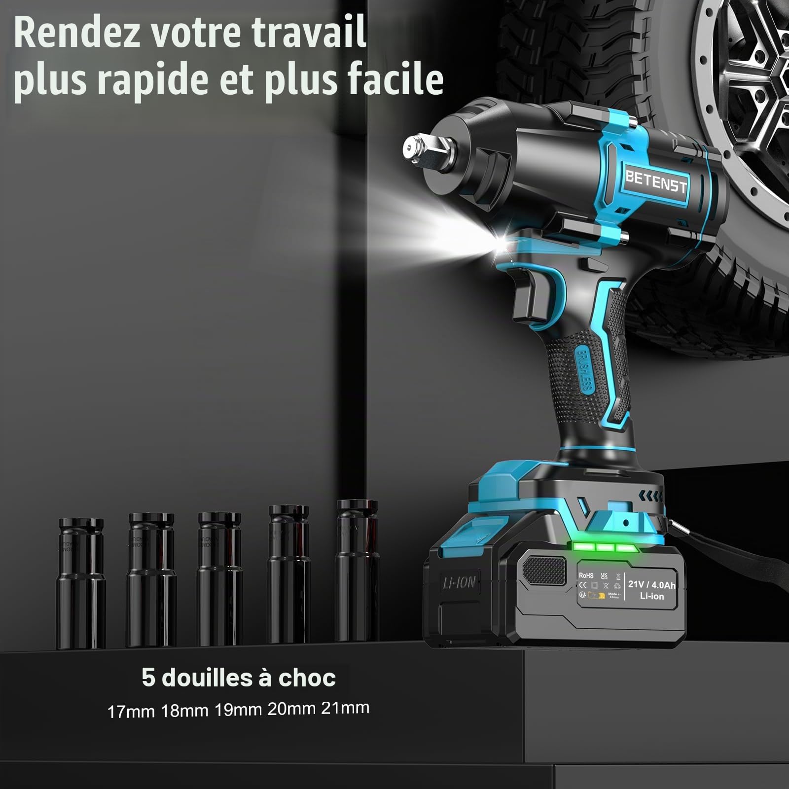 BETENST Clé à Chocs Sans Fil 1000N.m, Brushless Boulonneuse a Choc Electrique 1/2" avec 4,0 Ah Batterie, 5 Douilles à Chocs, 21V Visseuse à Chocs avec pour Boulonner et Déboulonner