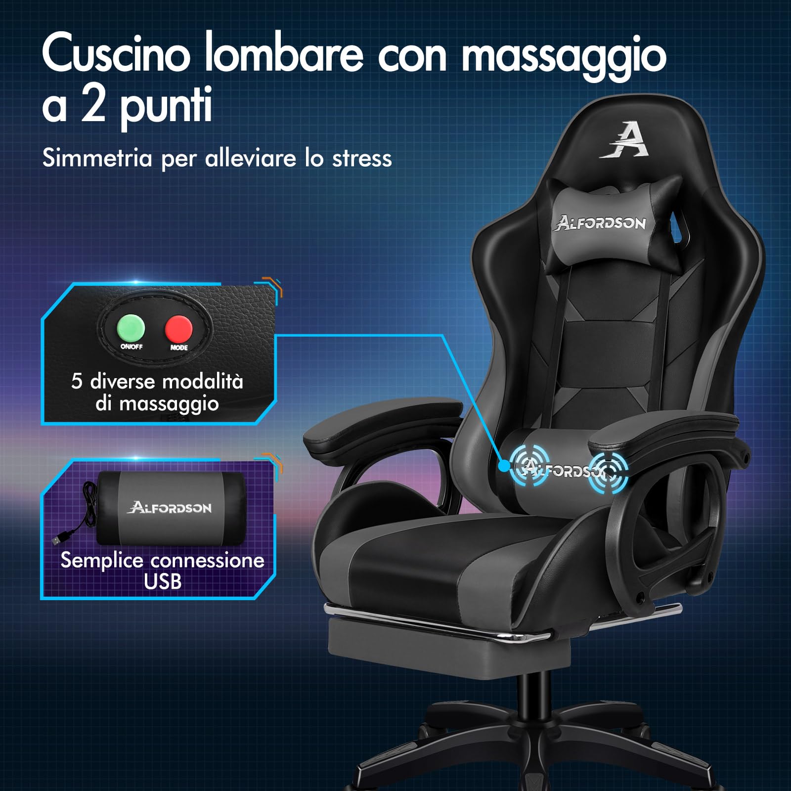 ALFORDSON Sedia da Gaming, Sedia da Corsa con Massaggio a 2 Punti per Gioco, Sedia da Computer ergonomica con Cuscino Lombare, Altezza Regolabile, Pelle PU, Grigio