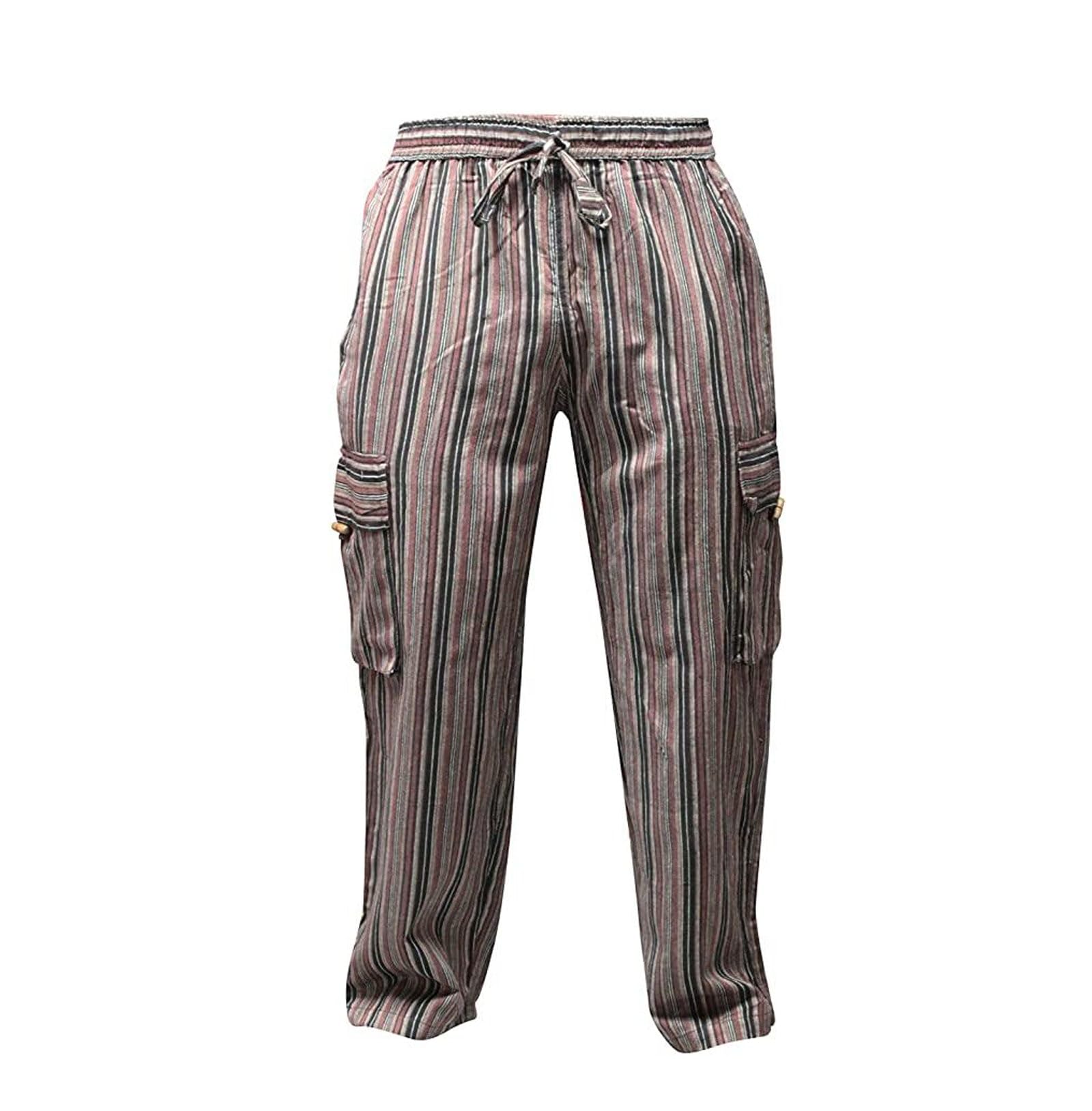 Shopoholic Fashion Men's Brown Hippie Combat Pant Wide Leg Striped Cargo Trouser, 3XL