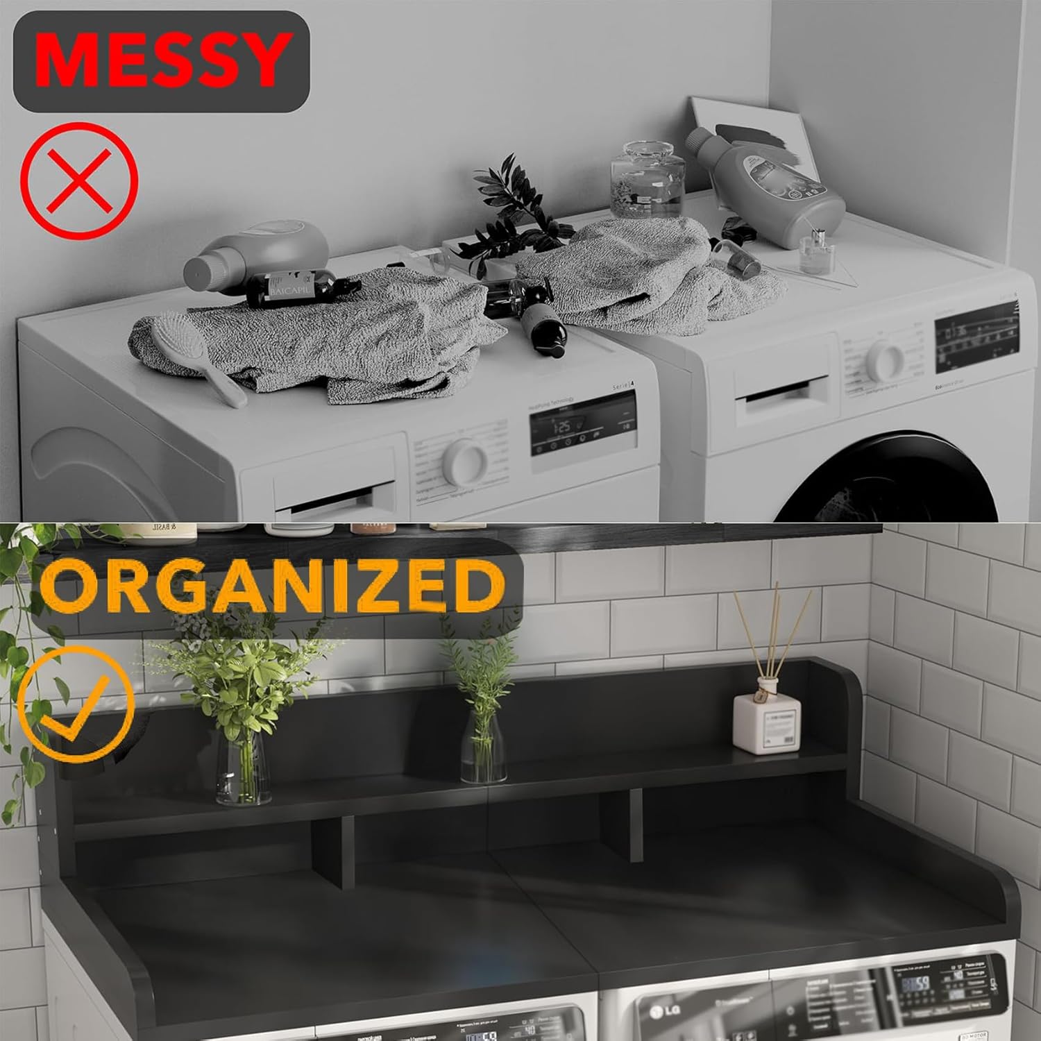 Domesto Washer Dryer Countertop, Laundry Wood Shelf Topper with Edge, 2-Tier Laundry Countertop, for Washer and Dryer Laundry Hamper Counter Storage Organization (Black)