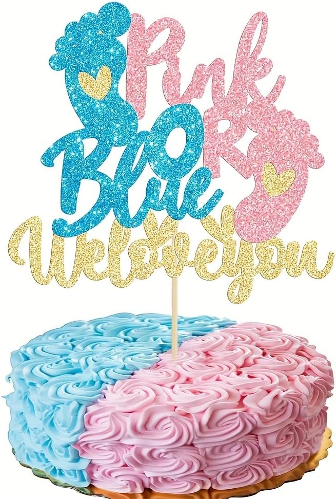 Pink or Blue Cake Topper with Glitter Baby Feet We Love You Cake Pick Gender Reveal Cake Decorations for Baby Shower Gender Reveal Theme Kids Boys Girls Birthday Party Decoration Supplies