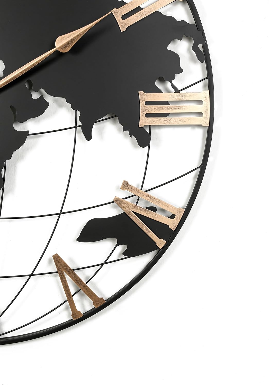 36 Inch Large World Map Wall Clock, Black Metal Frame with Gold Roman Numerals, Modern Round, Silent Non Ticking Battery Operated, Easy to Read for Living Room, Entrance Fireplace, Dining Room