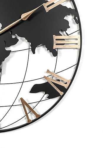 Miniatura 6 de Reloj de pared de metal negro extra gigante de 36 pulgadas, diseño moderno de mapa del mundo silencioso con números romanos dorados vintage,