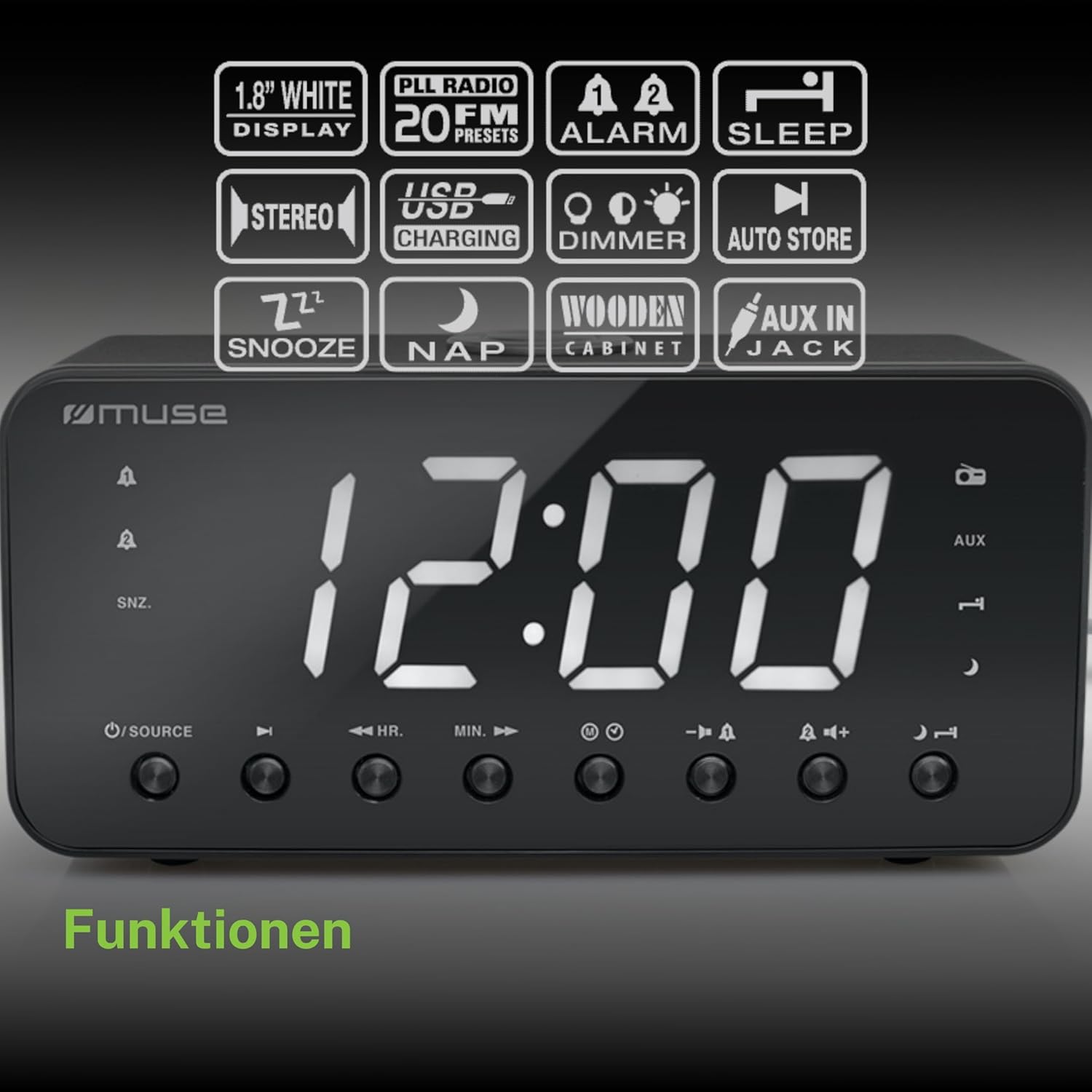 Muse M-192 CR Clock Radio features and controls diagram