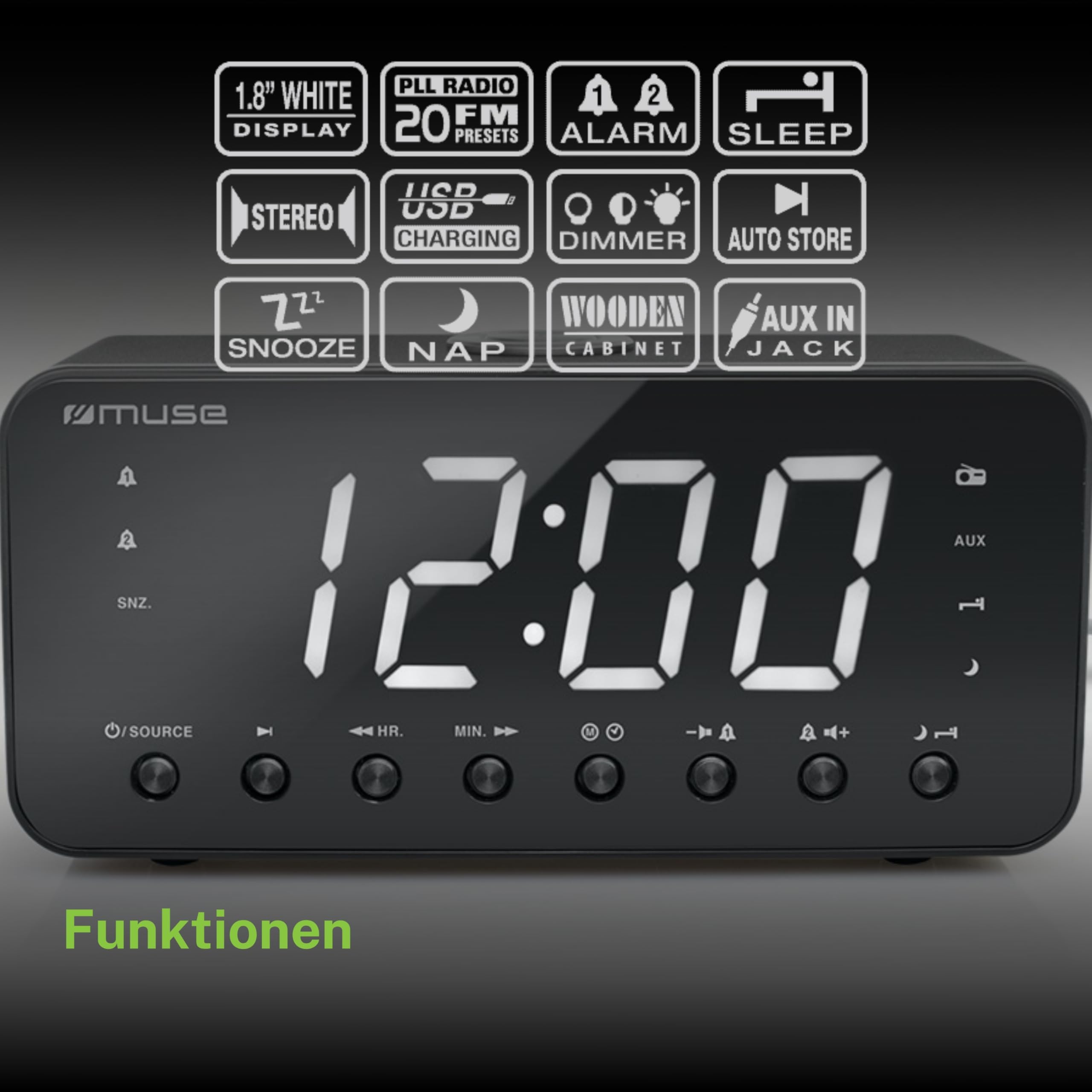 Muse Reloj Radio con Pantalla Jumbo Dual Alarma (Función de repetición/Nanas/Nap)