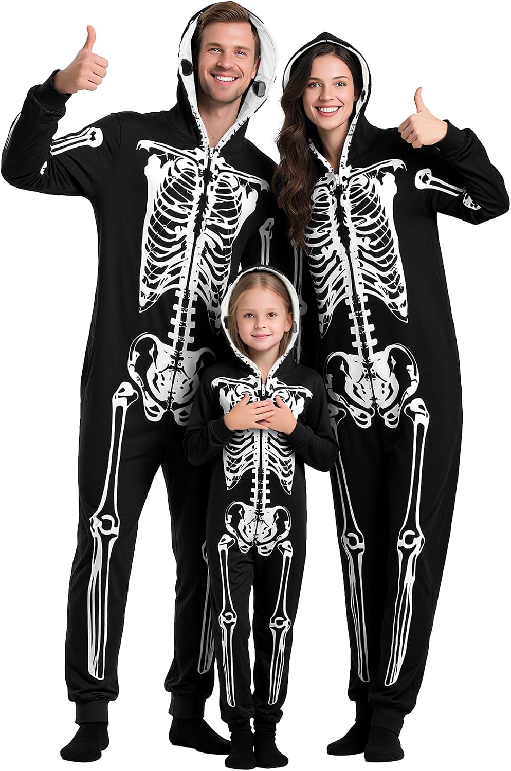 BFONS Matching Family Halloween Pajamas, Funny Skeleton Print Onesie Costume with Hood for Mom Dad and Kids, Party Sleepwear