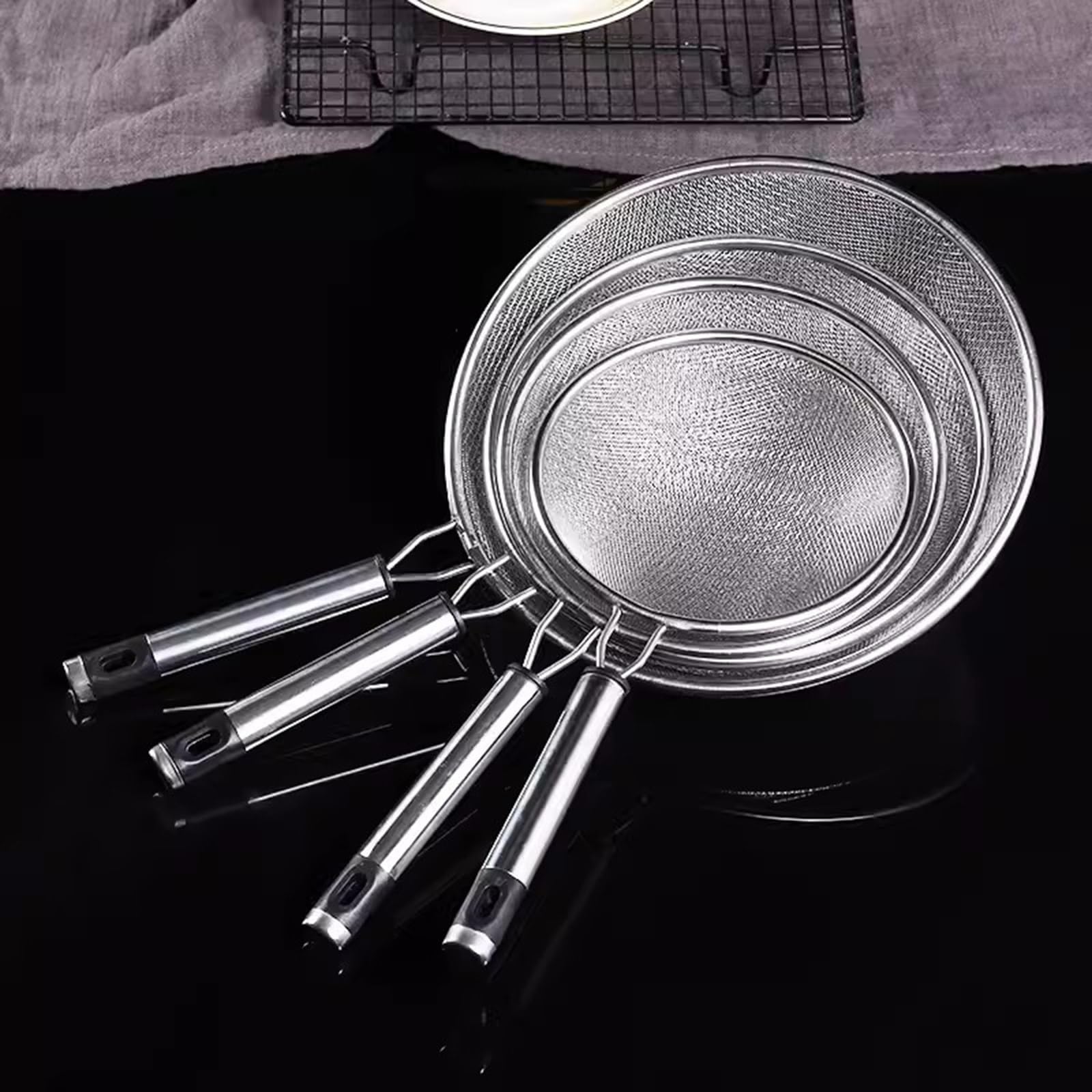 Tamiz de harina de acero inoxidable, juego de 4 tamices de 14/16/18/21 cm, tamiz de cocina de malla fina de acero inoxidable 304 para colar o drenar