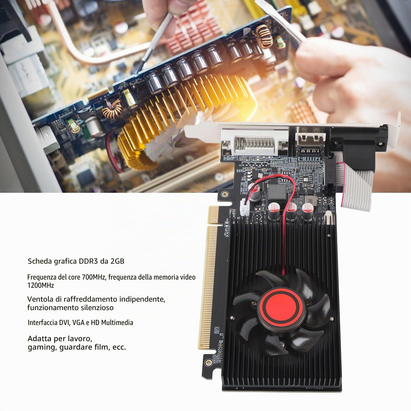 Scheda Grafica GT 610 2GB DDR3, 64 - Bit, HDMI VGA DVI, Scheda Grafica Video per PC per Computer, PCI Express 2.0 con Ventole di Raffreddamento Silenzioso