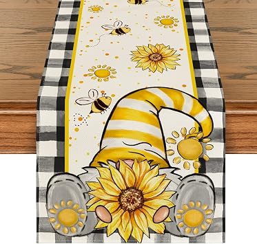 Artoid Mode Buffalo Plaid Sunflower Gnomes Bee Summer Table Runner, Seasonal Kitchen Dining Table Decoration for Home Party Decor 13x72 Inch