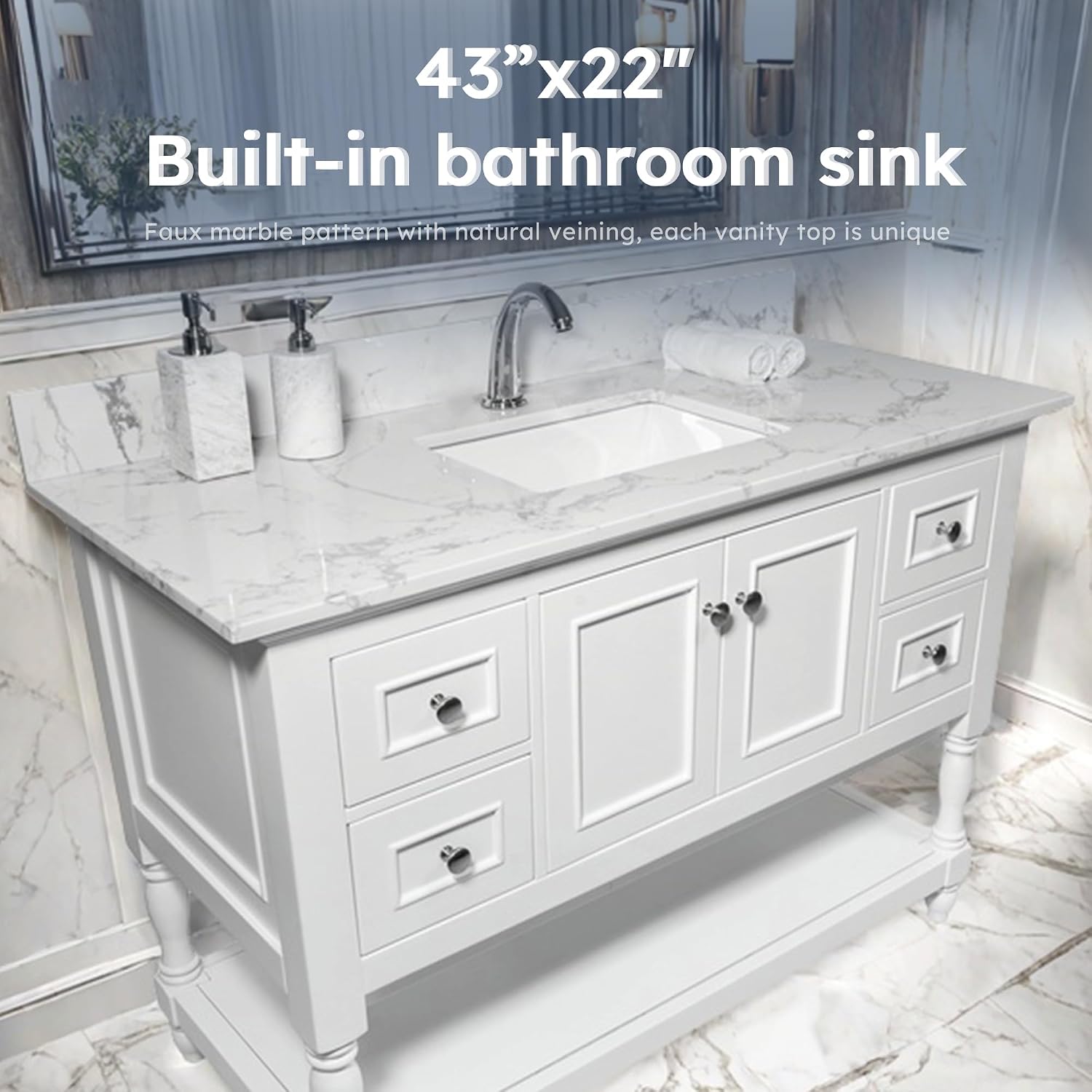 43 Inch Marble Vanity Top with Undermounted Rectangular Ceramic Sink & Backsplash, White Carrara Engineered Stone Countertop Vanity Sink Top for Bathroom 1 Pre-Drilled Hole