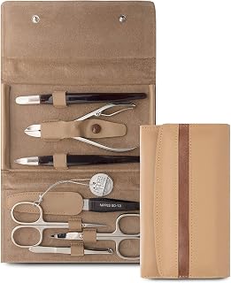 nippes Solingen Premium Line Manicure Set Gap, 7 Pieces, Cowhide Leather Case with Press Closure, Contrast Stripes, Nail Care Set, Pedicure Manicure, Made in Germany