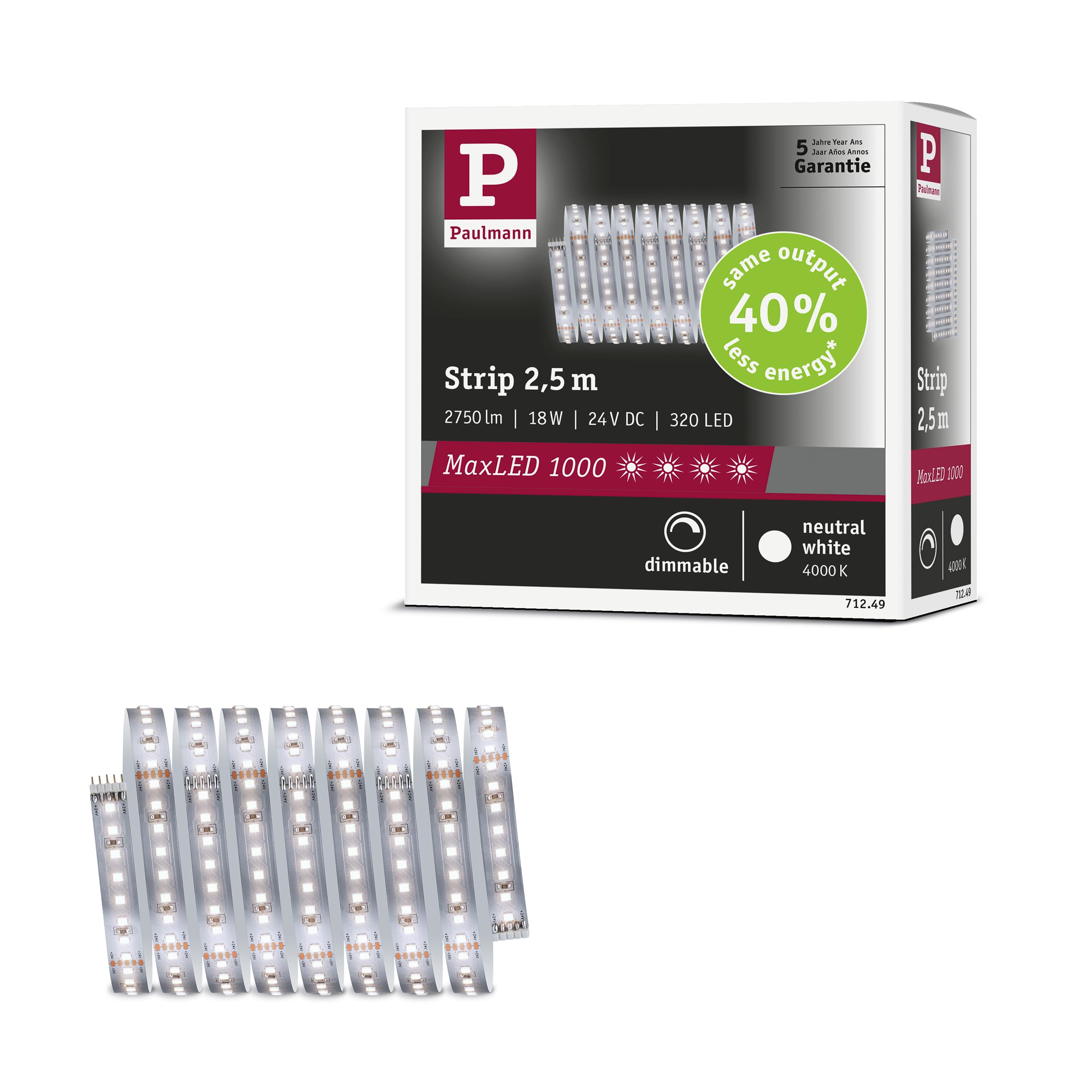 Paulmann 71249 MaxLED 1000 LED Strip Neutral White Individual Strip 2,5m 18W 1100lm/m 128 LEDs/m 4000K, Silver