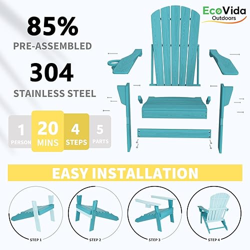 Miniatura 7 de Juego de sillas plegables Adirondack de 3 piezas, respaldo extra alto de 38 pulgadas y grano de madera en relieve, muebles de patio de polietileno