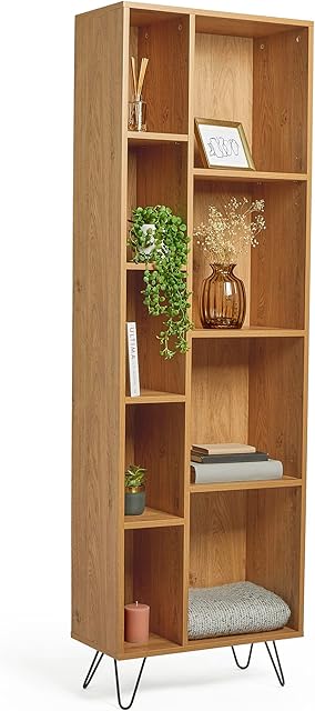 VonHaus Bookcase Oak Wood Effect -Tall Bookshelf for Living Room - Large Industrial Shelving Display Unit w/ 9 Shelves, Black Hairpin Legs & Handles - Modern Scandi Storage for Home Office - Capri