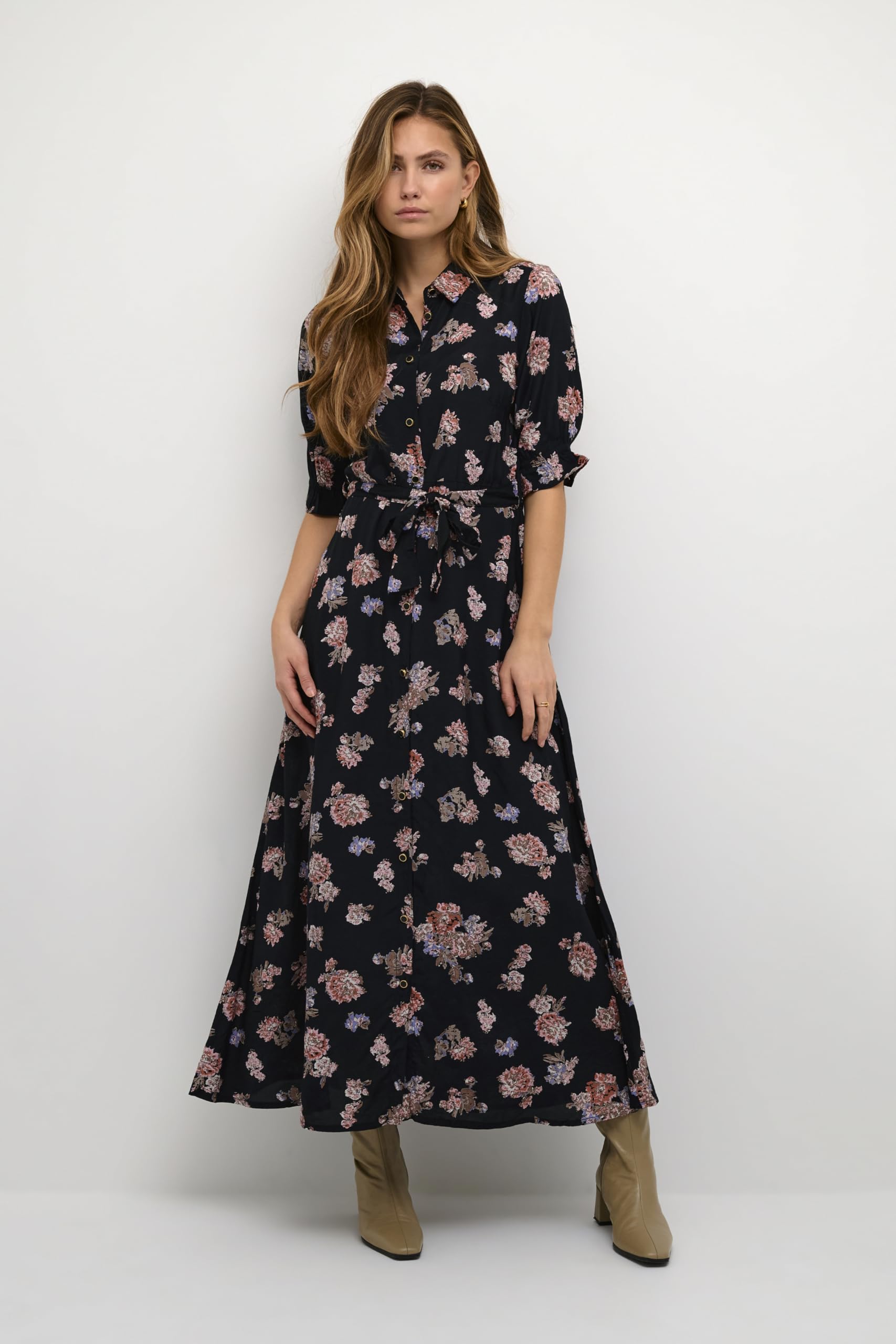 KAFFE Damen Kleid KAvelana Damen Kleid Kurzarm Maxi Casual Elegant Print Maxikleid Ellenbogenlänge