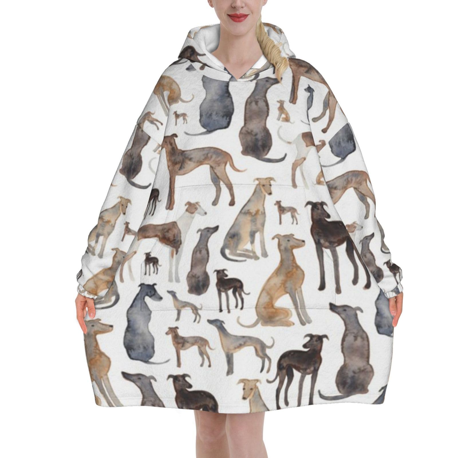 asbwuo Greyhound Whippet And Dog,Women's Oversized Wearable Blanket Hoodie, Blanket Sweatshirt,Flannel Pullover Blanket