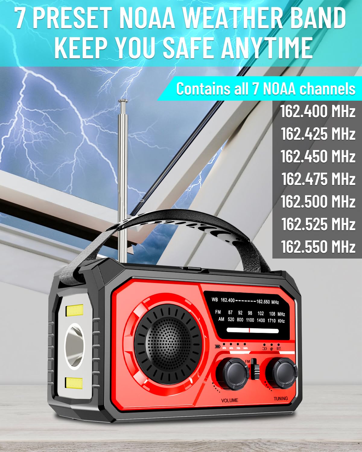 16000mAh Notfall-Wetterradio, NOAA/AM/FM Solar Handkurbel Radio | Typ-C Wiederaufladbar mit Powerbank, SOS-Alarm, Leselampe & 3-Modi-Taschenlampe für Camping, Sturm & Überleben, Rot
