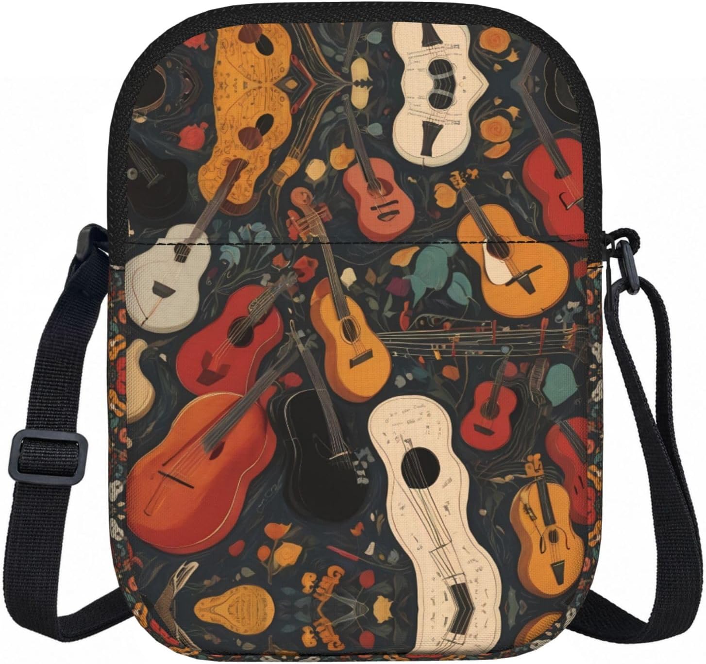 Cartoon guitar notes Printed Zipper Crossbody Bag - Small Shoulder Bag with Adjustable Strap - Portable Travel Work Gift Bag for Women Men
