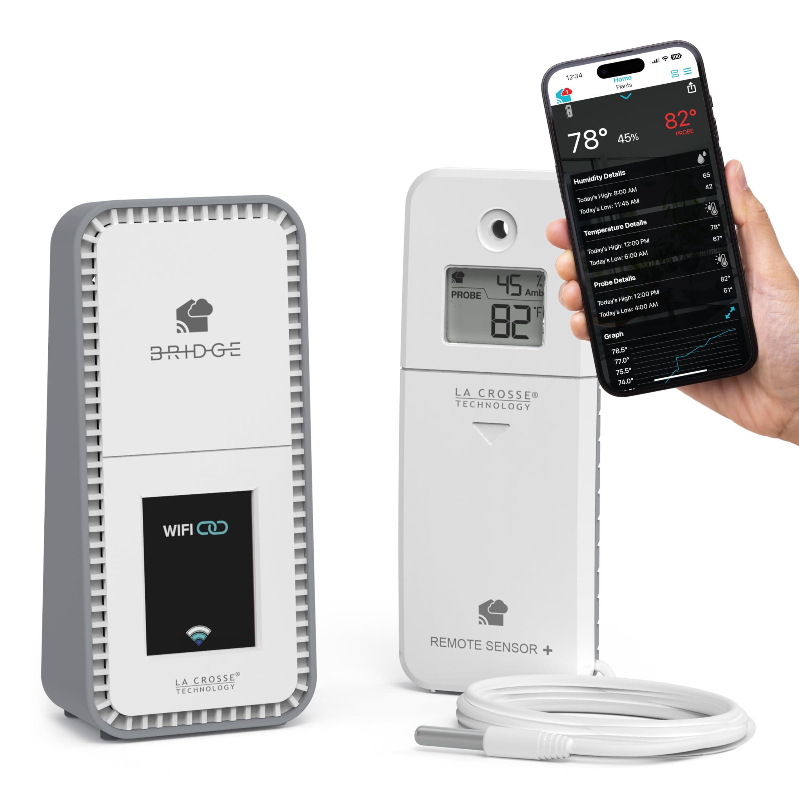 Temp Tracker Probe Wi-Fi Alert System with The Bridge Gateway and a Temperature Probe Sensor with Ambient Temperature and Humidity